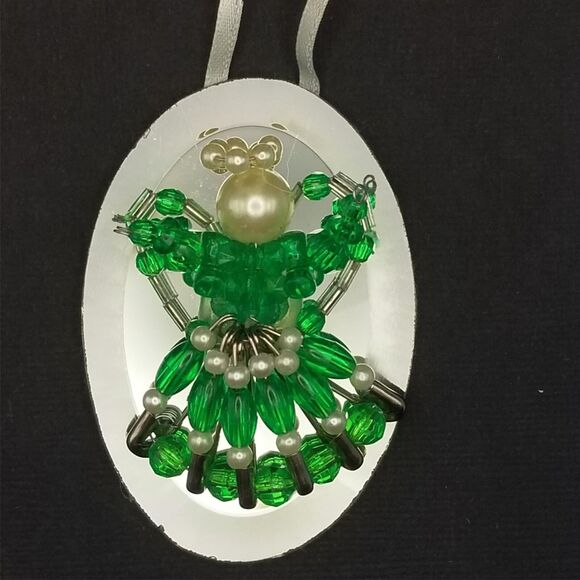 Vintage Beaded Angel Ornament Mirror 3" Bright Green Handmade Safety Pins - Picture 2 of 4